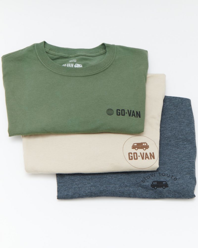 go-van green, sand and grey tees
