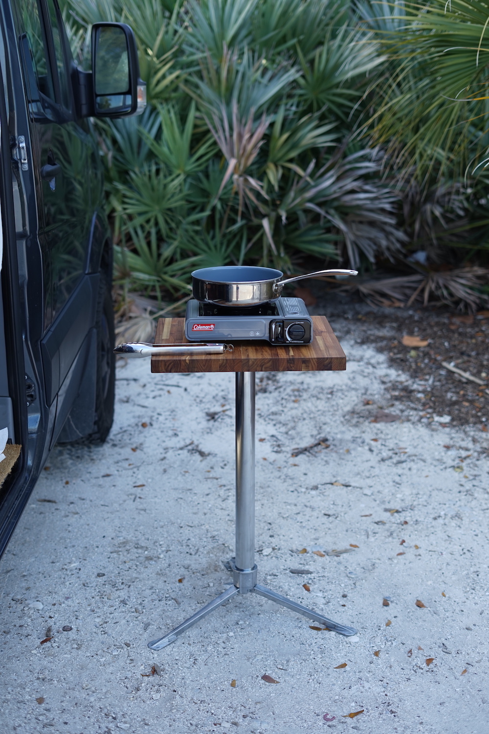 outdoor vanlife kitchen and pedestal table