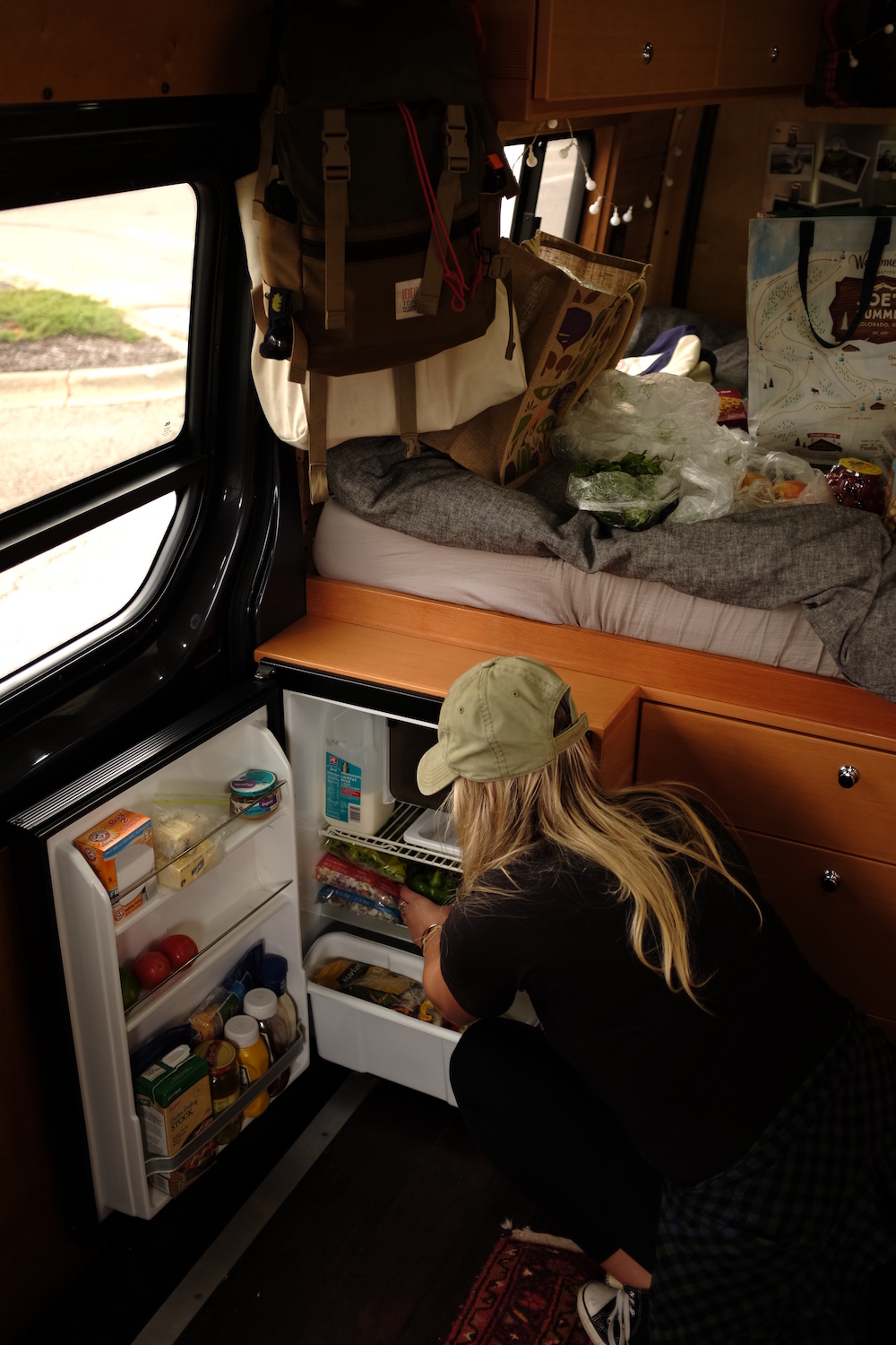 putting groceries away - living in a van