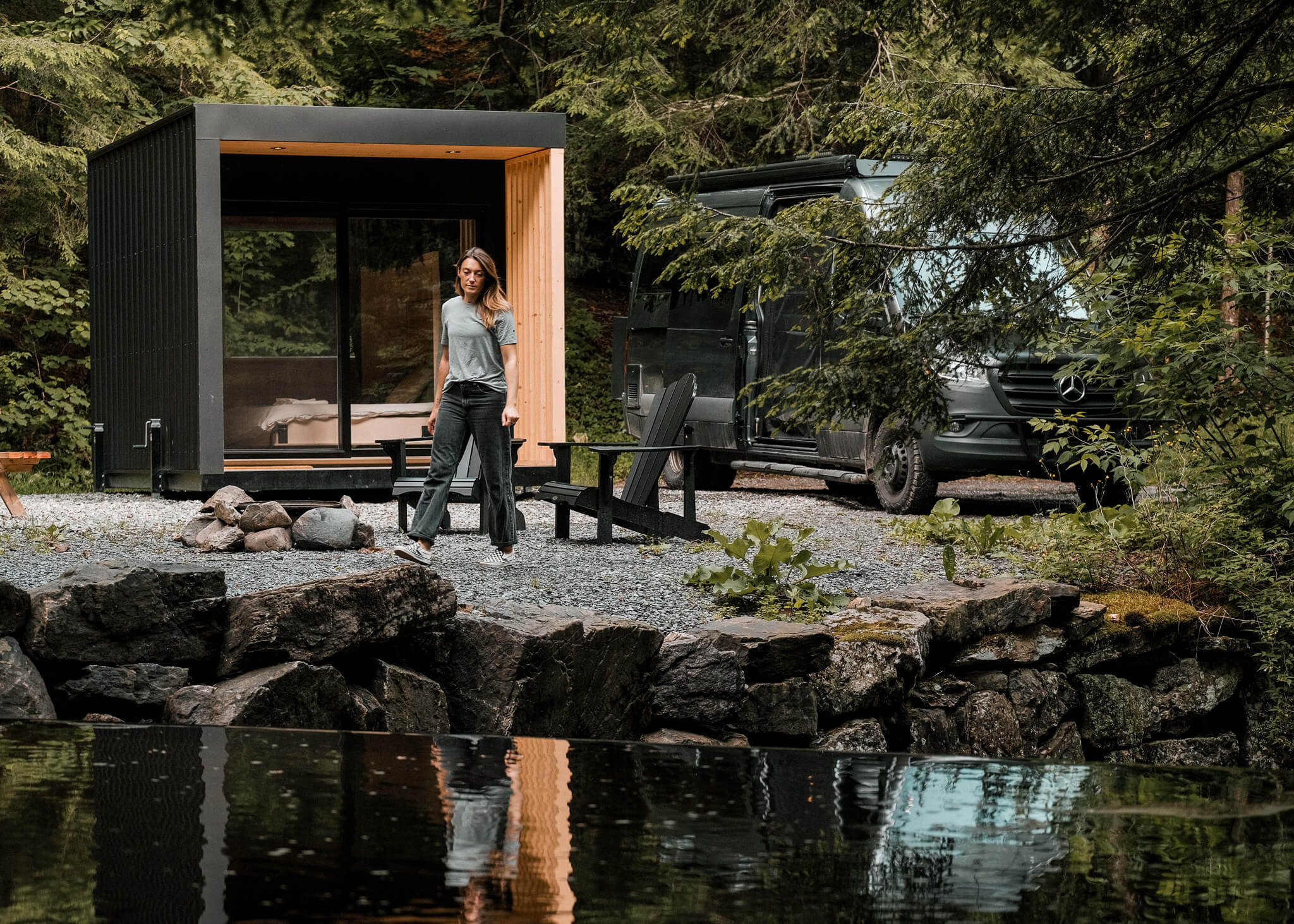 Project featuring a Go-Box overlooking the waterfront next to a van. Relaxation space where one can rest