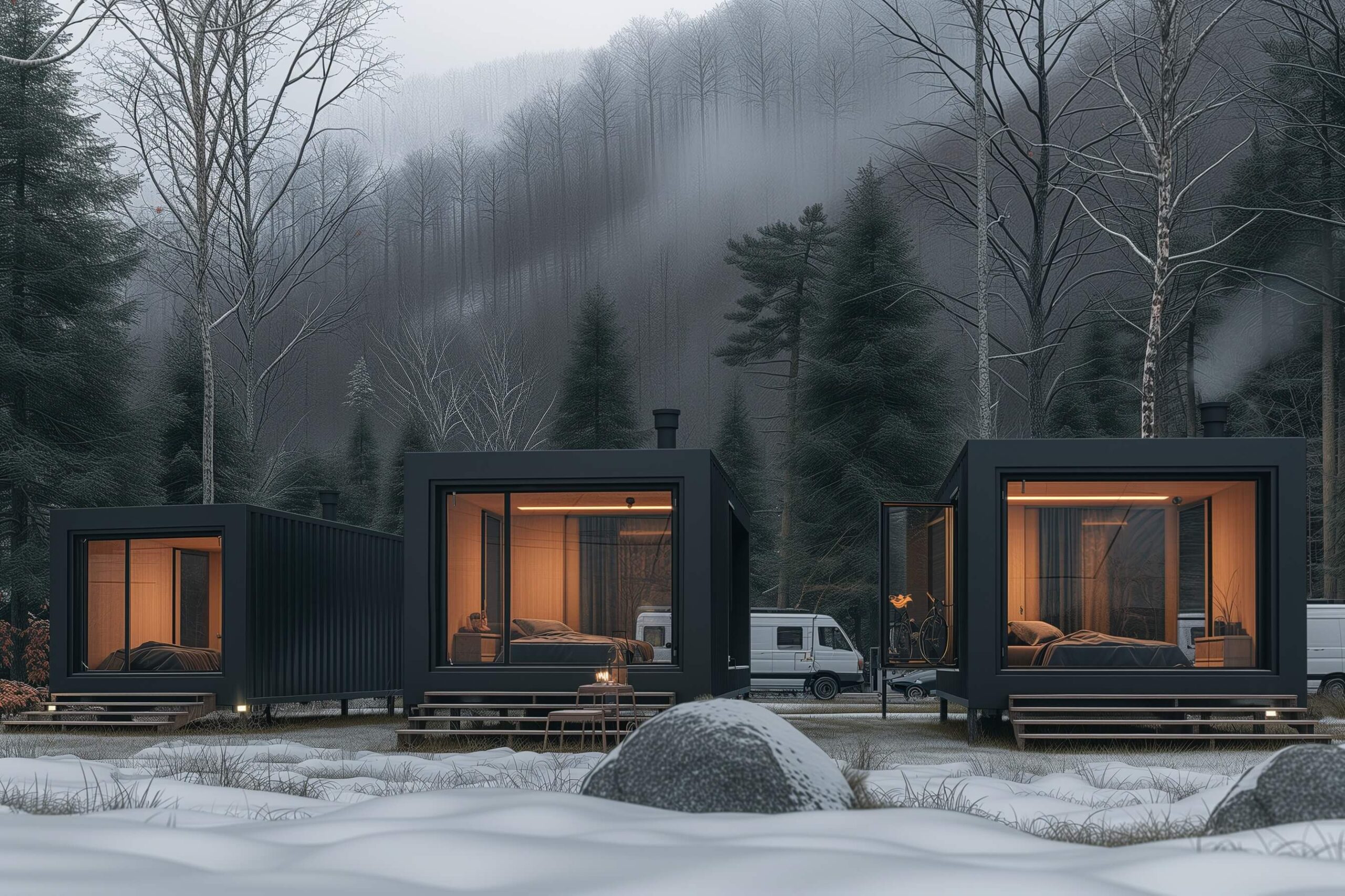 Une perspective 3D imaginée en hiver du futur Village Go-Van x Montagne Berryman avec des Go-Box et une van. Montre l'aspect 4 saisons du projet.